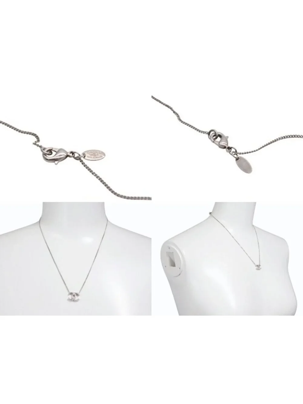 Chanel CC Logo Double Sided Rhinestone Necklace 10 44 Silver Metal